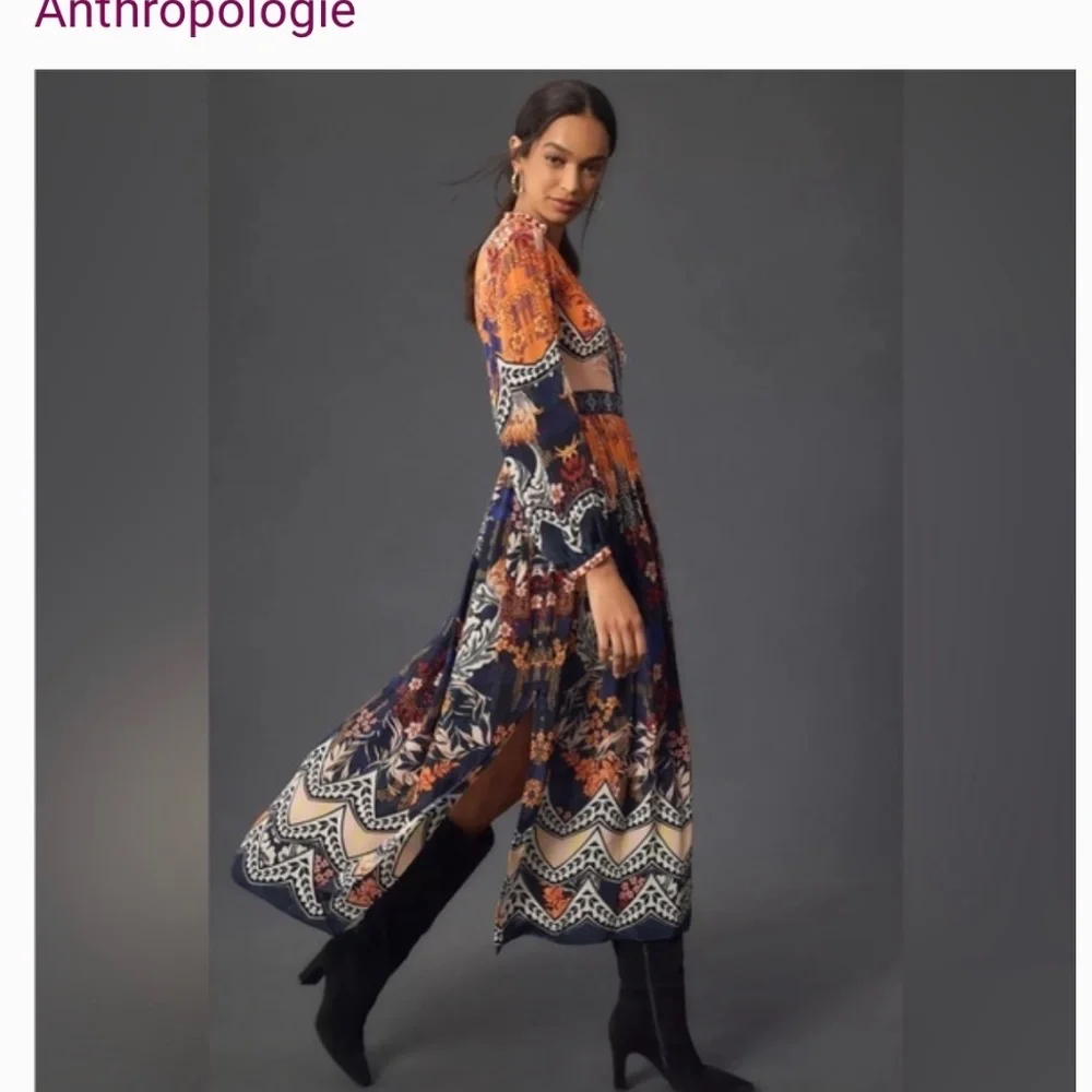Anthropologie Orange & Navy Floral Maxi Dress - Picture 2 of 5